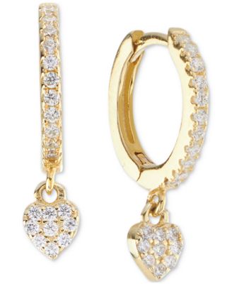 Macy's - Cubic Zirconia Heart Charm Huggie Hoop Earrings (3/8 ct. t.w.) in 14k Gold over Sterling Silver