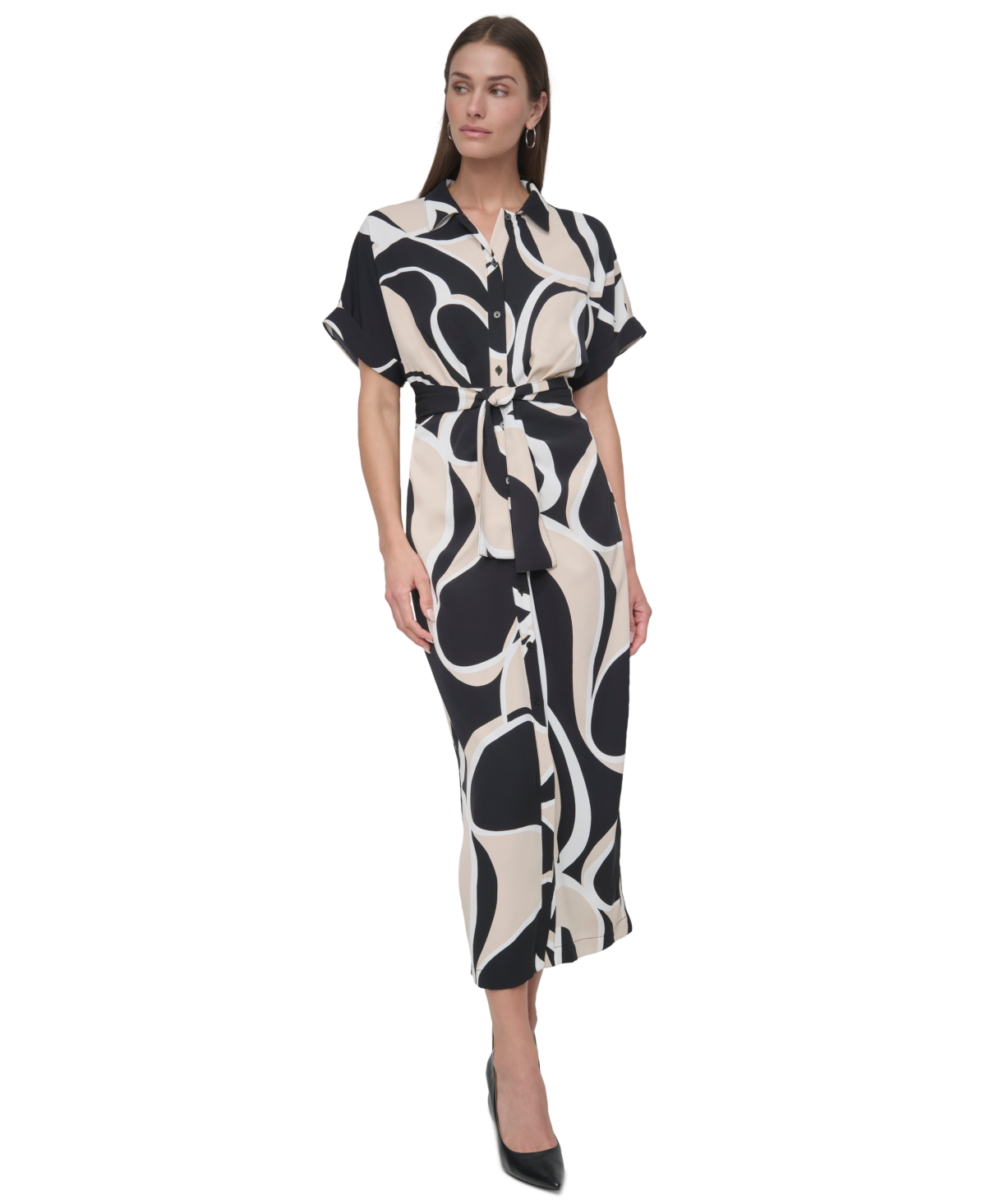 Women's Short-Sleeve Tie-Waist Button-Front Dress - Moonlight Multi