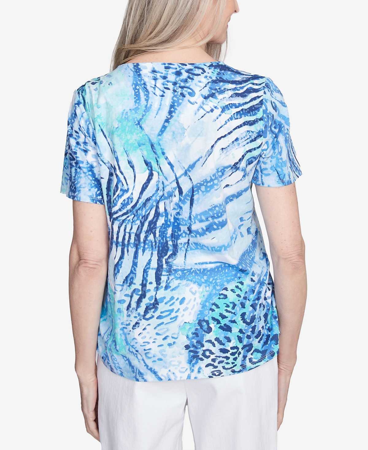 Alfred Dunner Plus Size Animal Printed Top With Ruched Sides In Blue