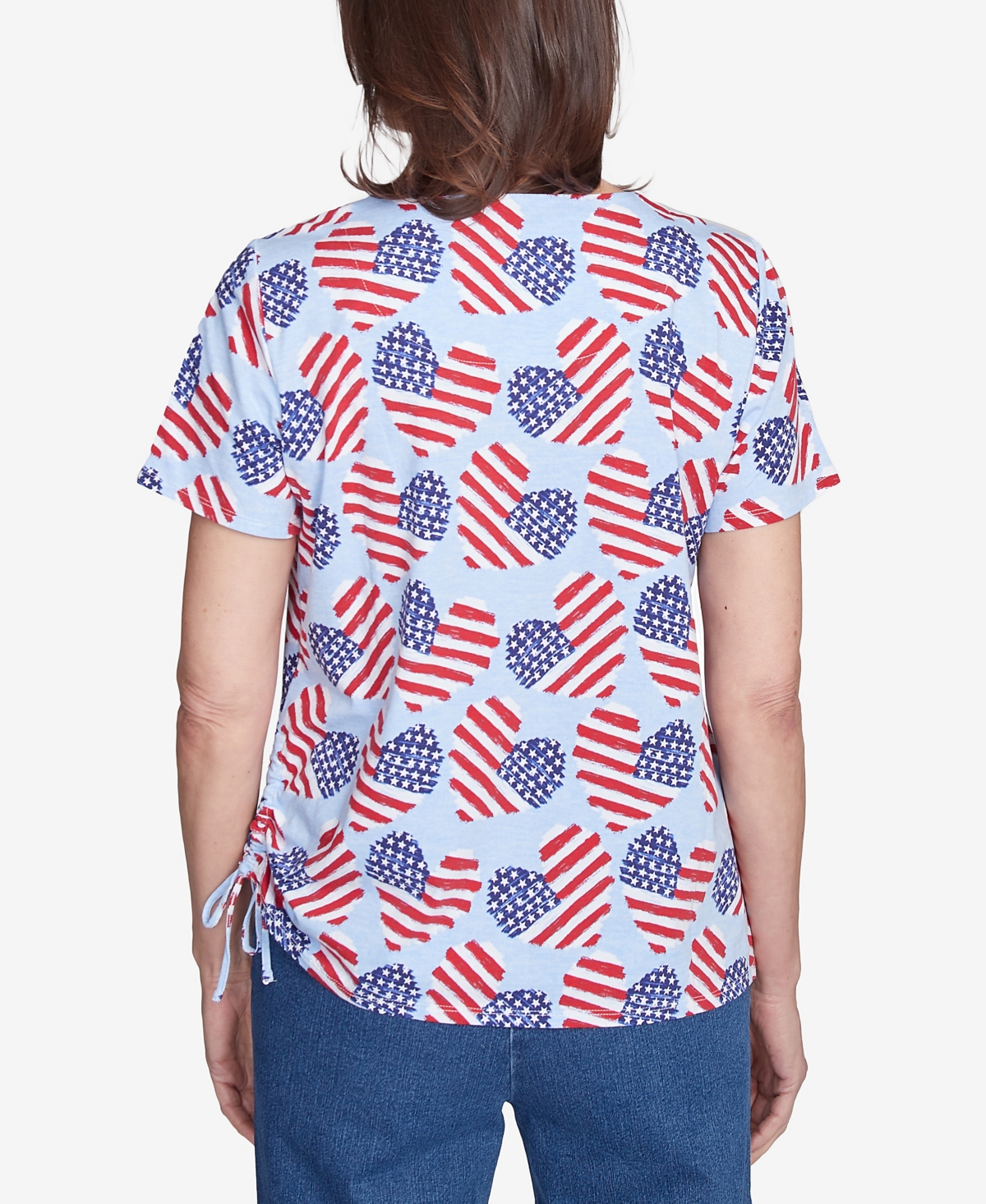 Alfred Dunner Petite All American Flag Hearts Three Quarter Sleeve Shirt In Blue