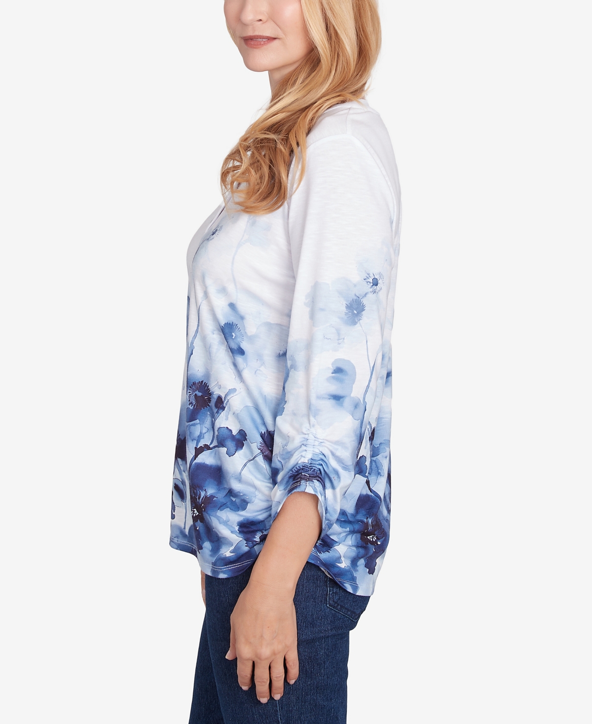 Alfred Dunner Petite Classics Floral Border Ruched Sleeve Henley Top In Navy Multi