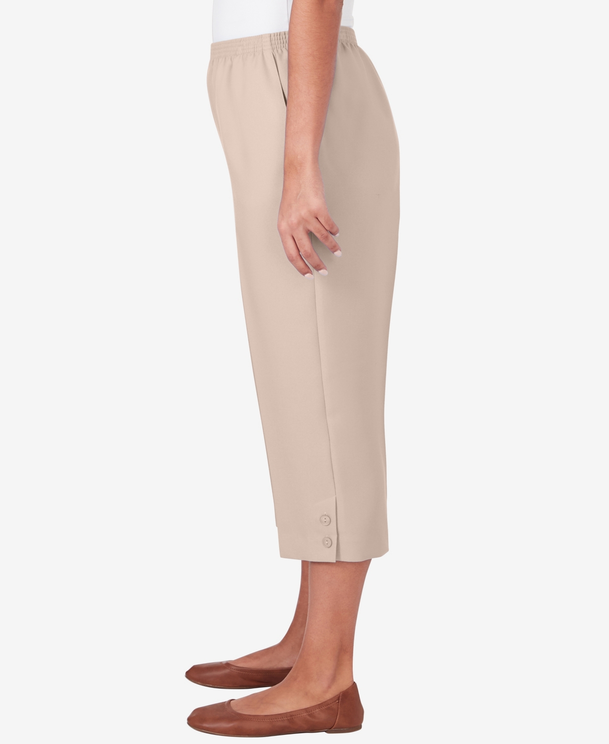 Alfred Dunner Petite Classic Stretch Waist Accord Button Hem Capri Pants In Tan