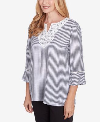 Women's Classic Embroidered Split Neck Striped Top