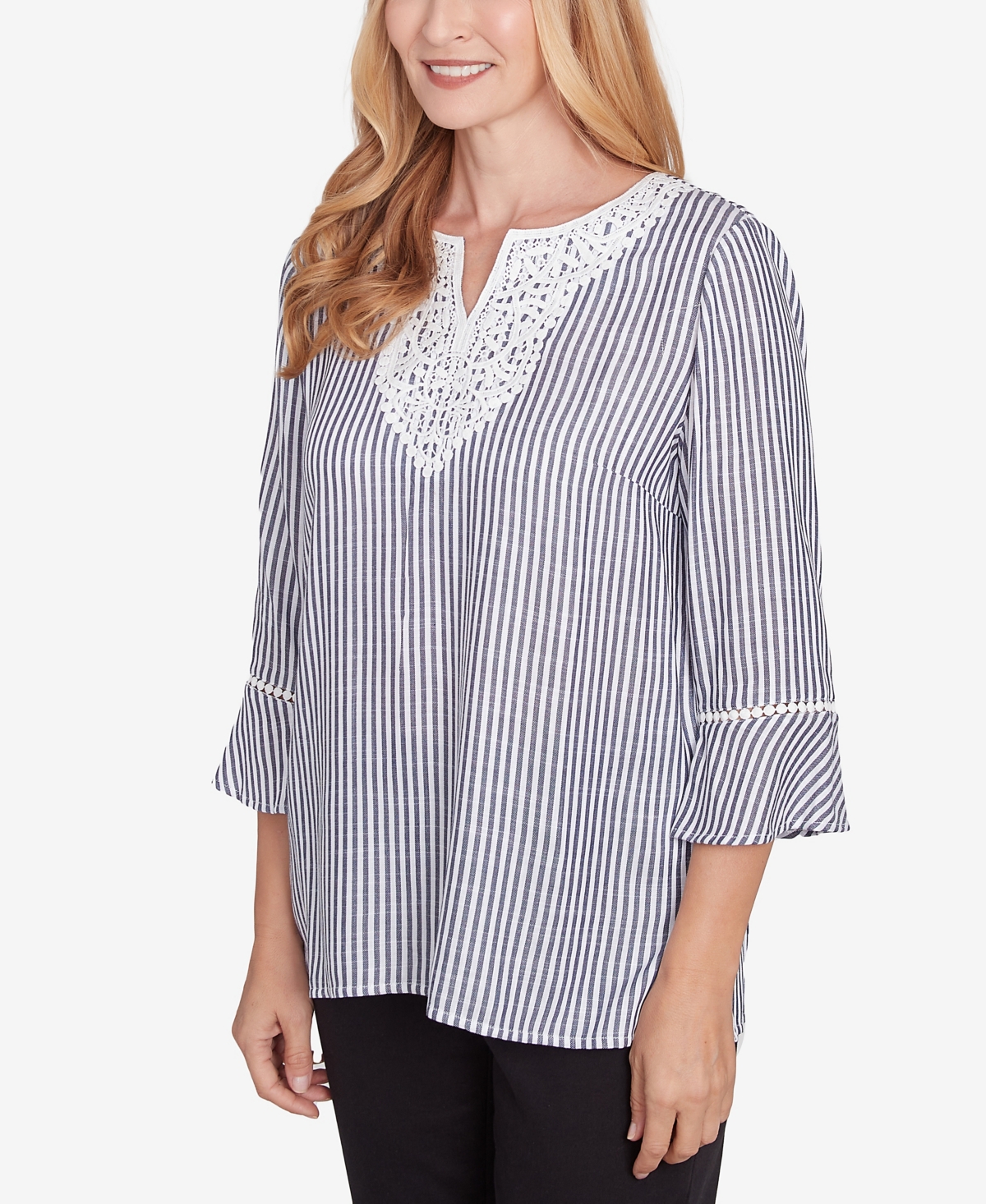 Alfred Dunner Women's Classic Embroidered Split Neck Striped Top In Black,white