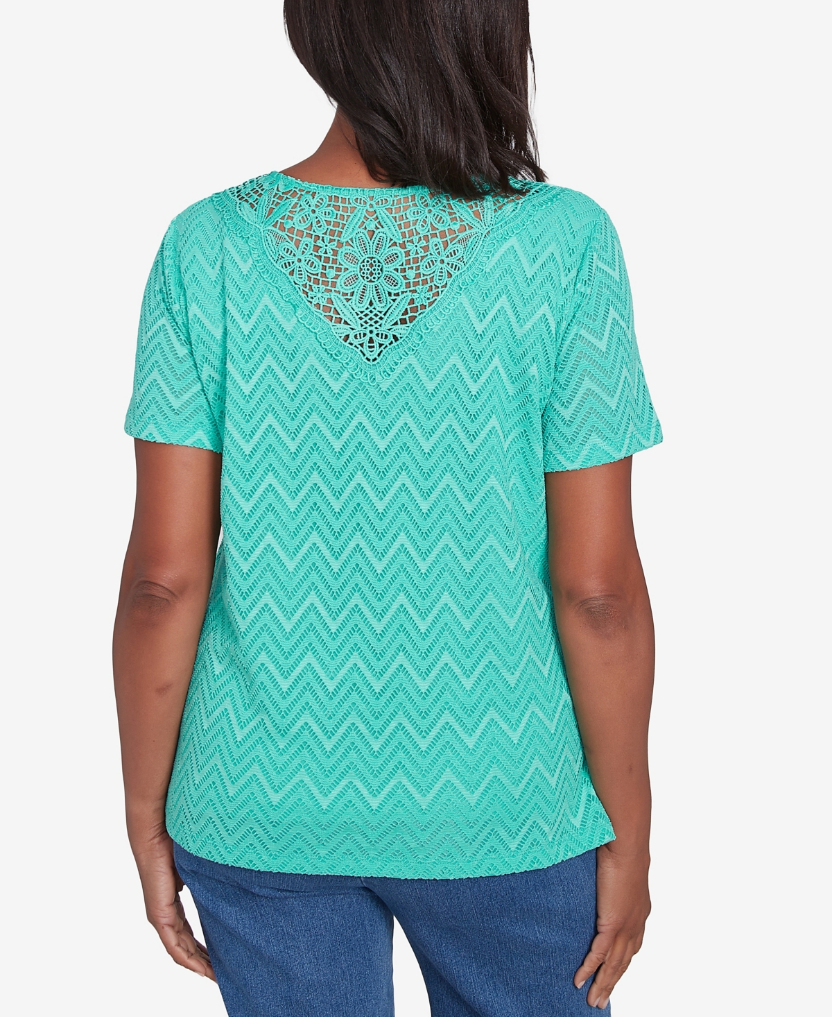 Alfred Dunner Petite Classics Textured Chevron Lace Back T-shirt In Jade