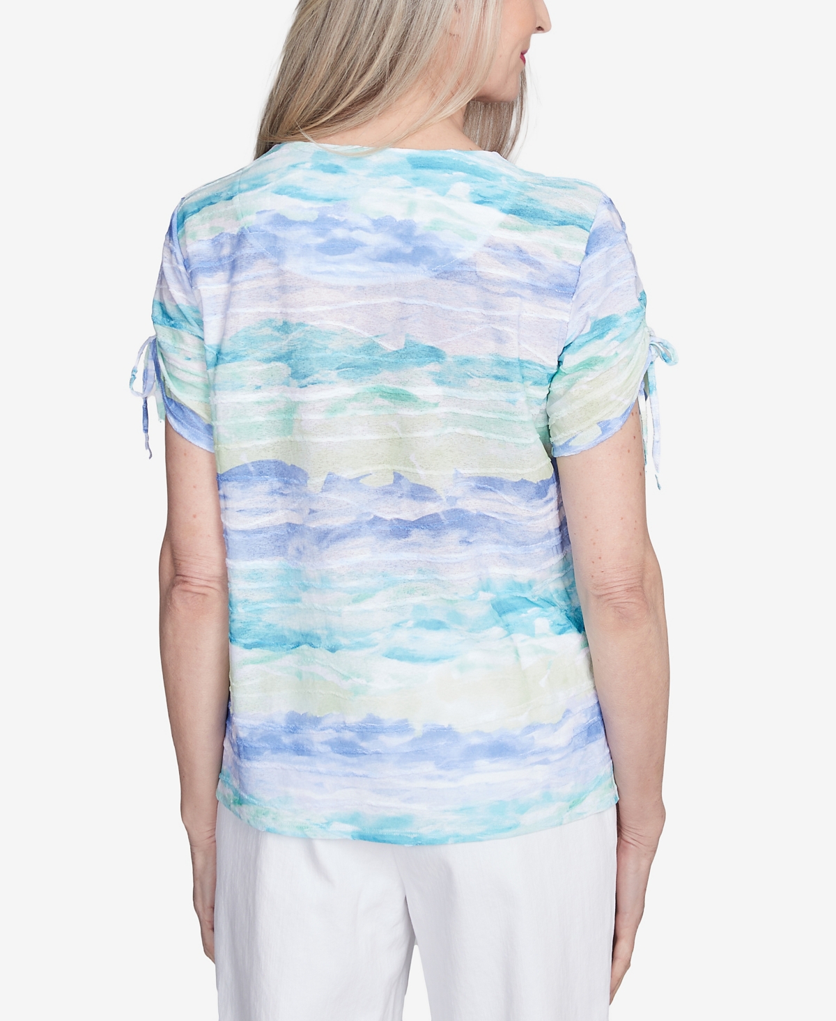 Alfred Dunner Women's Tied Short Sleeve Watercolor Top In Blue