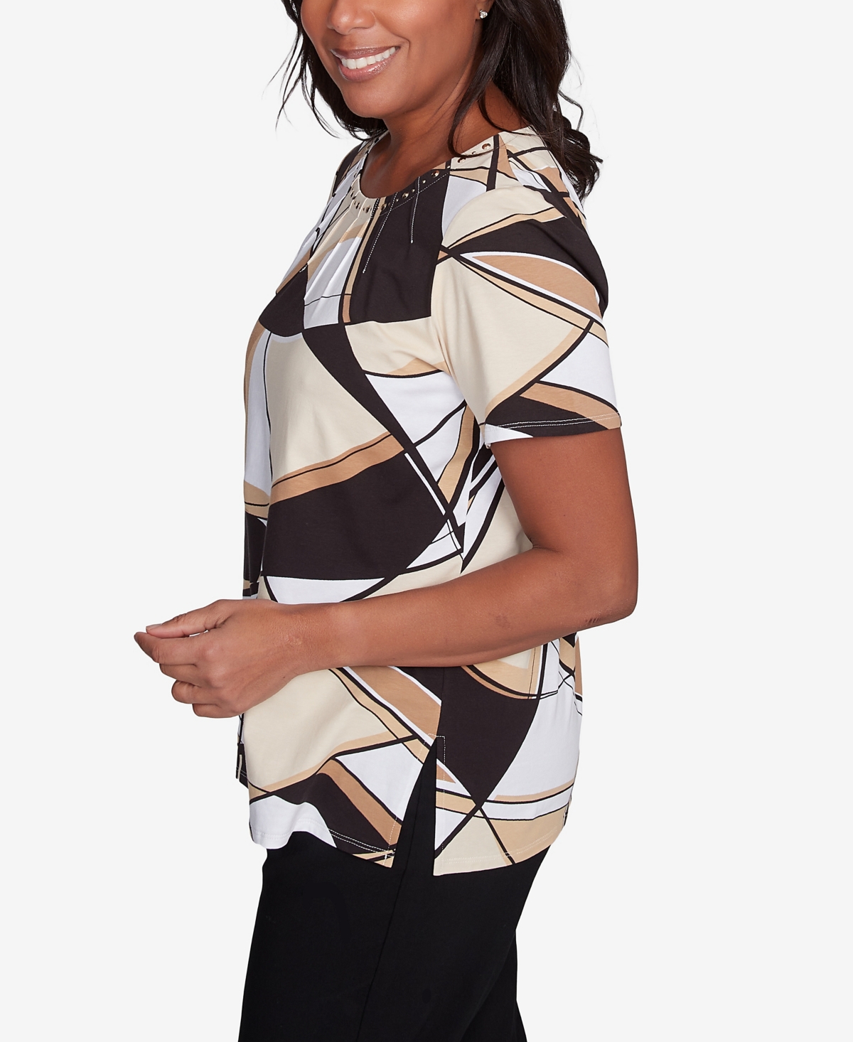 Alfred Dunner Petite Geometric Top With Detailed Neckline In Black,tan