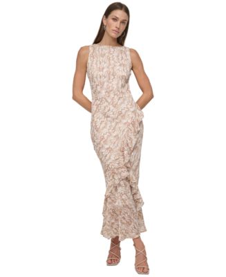 【DKNY】プリント クリンクル シフォン ミディドレス と Lurex DKNY Women's Jewel-Neck Sleeveless Ruffle-Trim Chiffon Dress