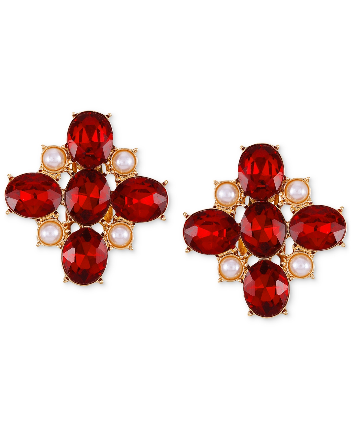 Guess Stone & Imitation Pearl Flower Clip-on Stud Earrings In Red