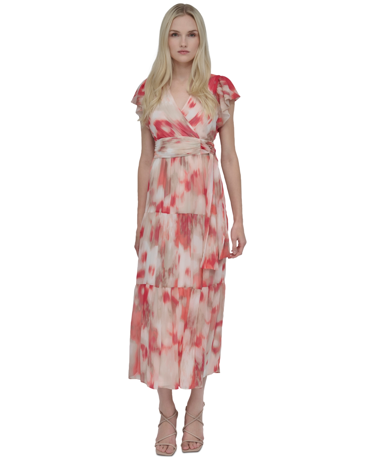 DKNY WOMEN'S PRINTED FLUTTER-SLEEVE TIE-WAIST MAXI DRESS 