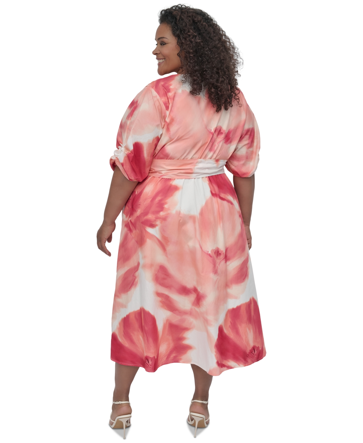 Dkny Plus Size Cotton Puff-sleeve Fit & Flare Dress In Watermelon Multi