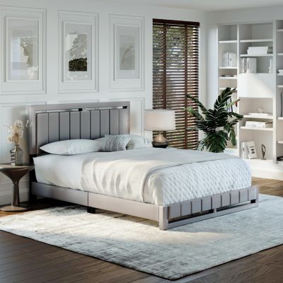 Belle Upholstered Platform Bed with Headboard, Mattress Foundation with Strong 14 Wood Slat Supports, No Box Spring Required