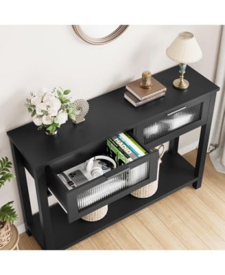 Entryway Table, Wood Console Table with 2 Glass Drawers