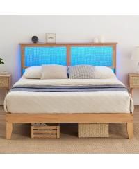 Full Size Bed Frame with Natural Rattan Headboard & Integrated LED Lights