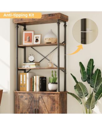 Tall Bookshelf with Doors Industrial Bookcase Freestanding Shelf Units Wood and Metal Book Shelf Storage Organizer for Bedroom