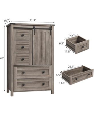 5 Drawer Dresser, Farmhouse Wooden Chest of Drawers with Sliding Barn Door, Adjustable Shelf, Tall Antique Dresser, Storge Cabinet for Bedroom, Living Room