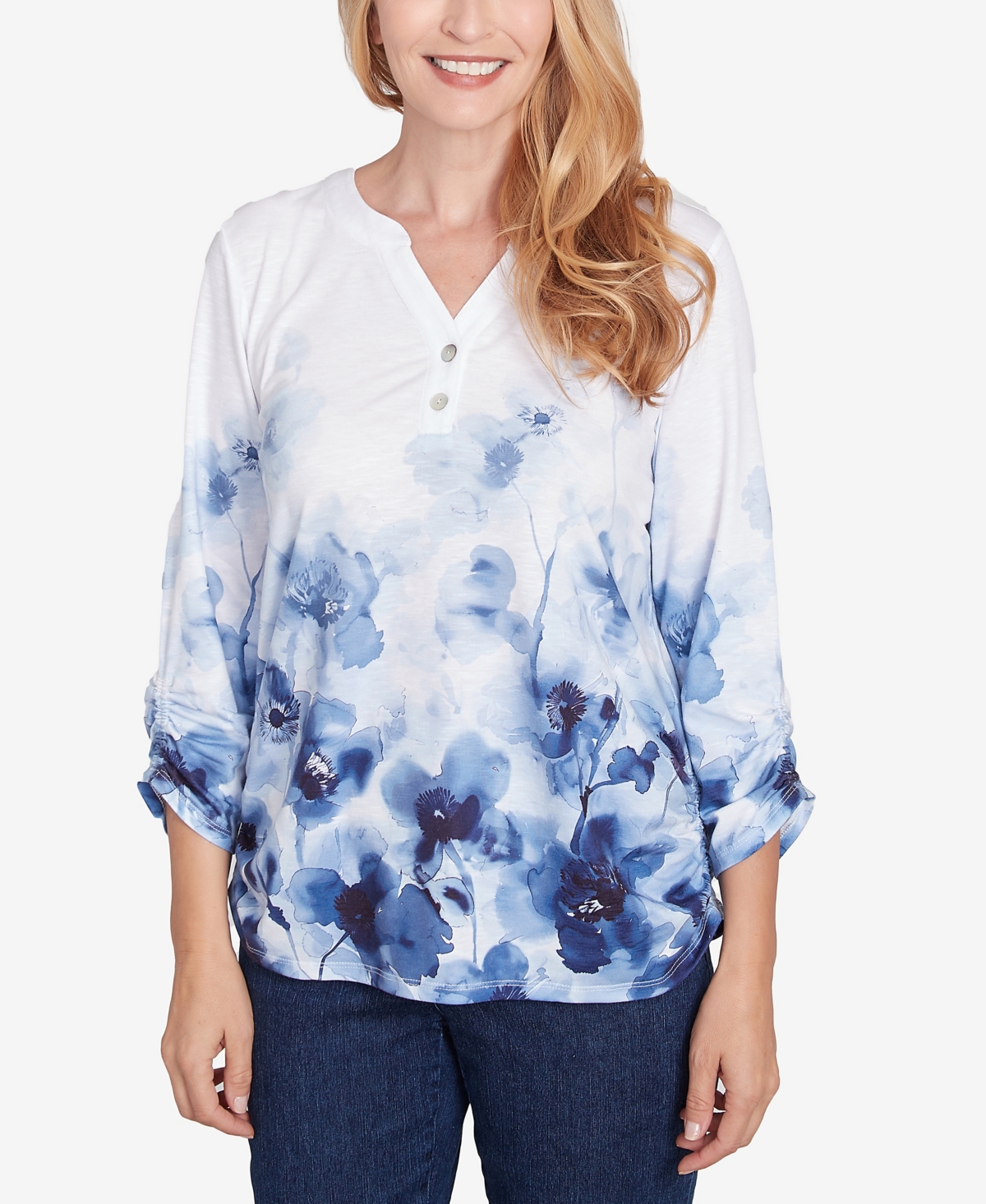 Petite Classics Floral Border Ruched Sleeve Henley Top - Navy Multi
