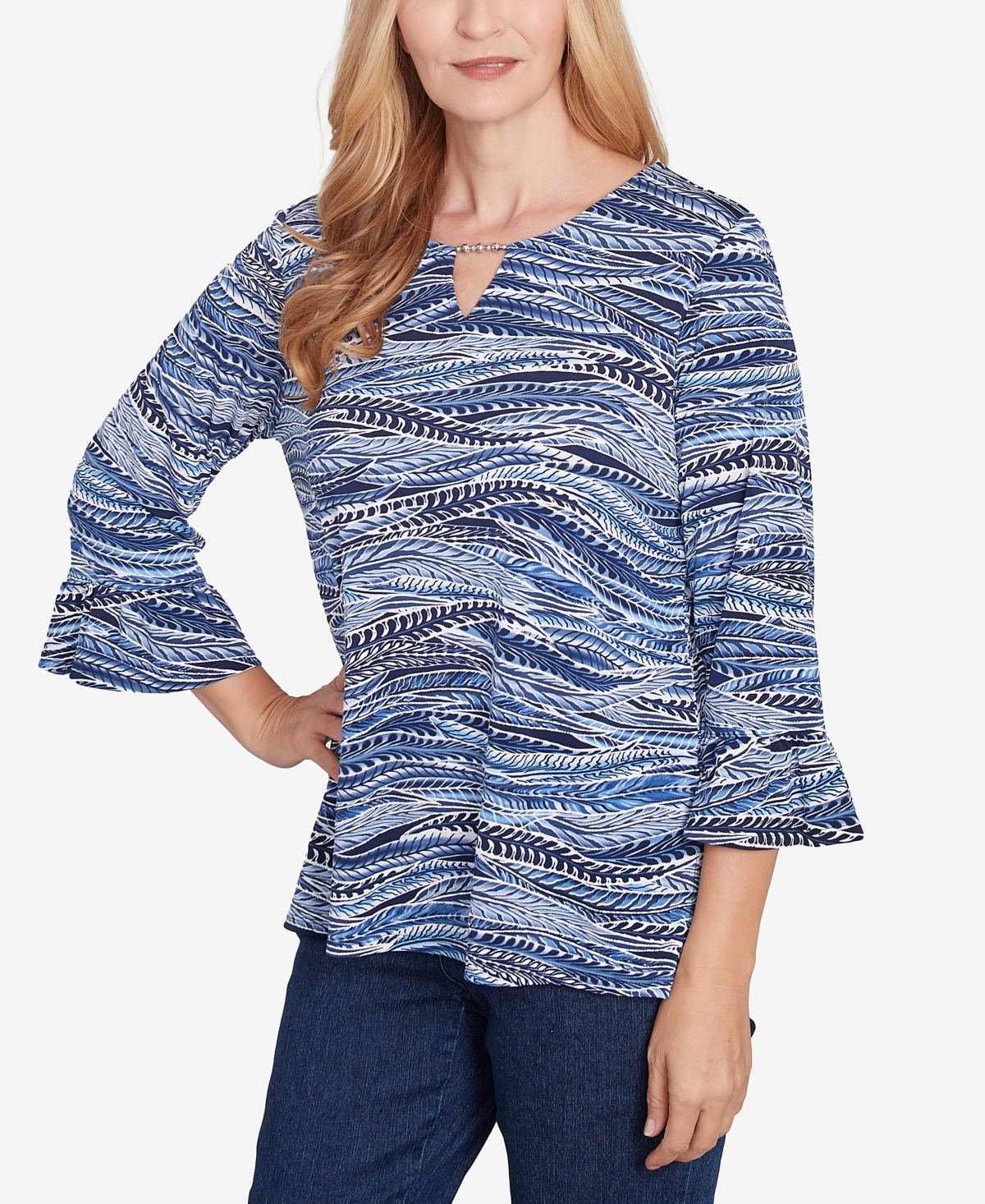 Alfred Dunner Women's Classic Beaded Split Neck Top In Navy