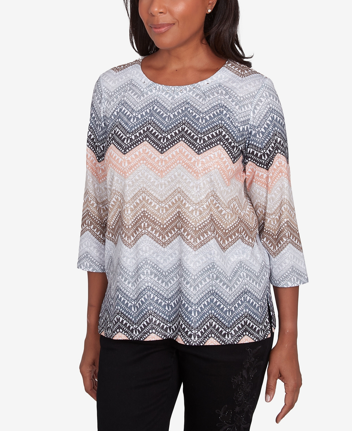 Alfred Dunner Petite Classics Lacey Ombre Chevron Crewneck Top In Tan