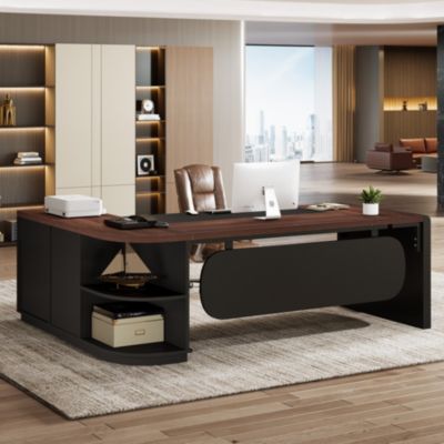 80'' L-Shaped Desk, Large Executive Office Desk with 55'' Drawers Cabinet, Modern Computer Table