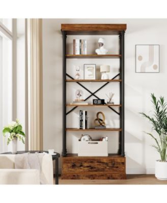 Bookshelf with Drawers Tall Bookcase 5 Tier Bookshelves Vintage Bookshelf