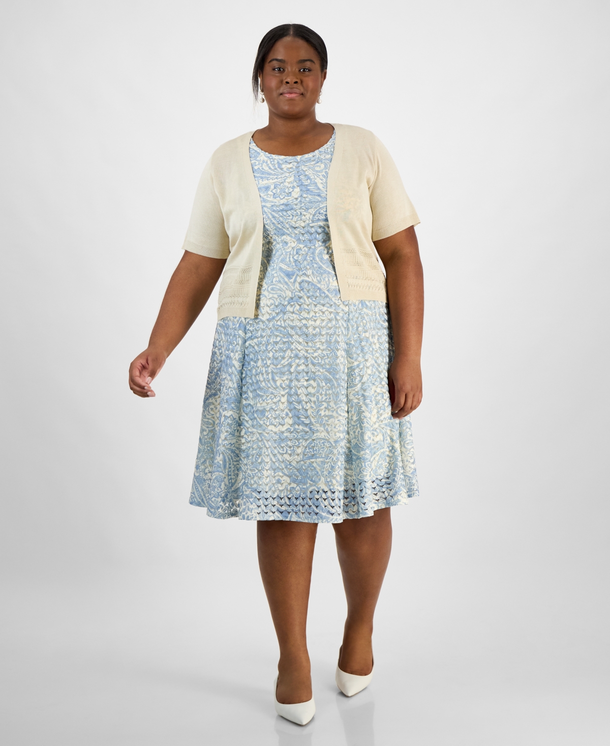 ROBBIE BEE PLUS SIZE POINTELLE KNIT SHRUG & PRINTED A-LINE DRESS SET 