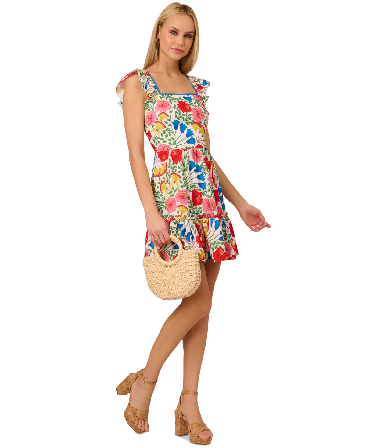 by Adrianna Papell Women's Floral-Print Flutter-Sleeve Mini Dress - Red Multi