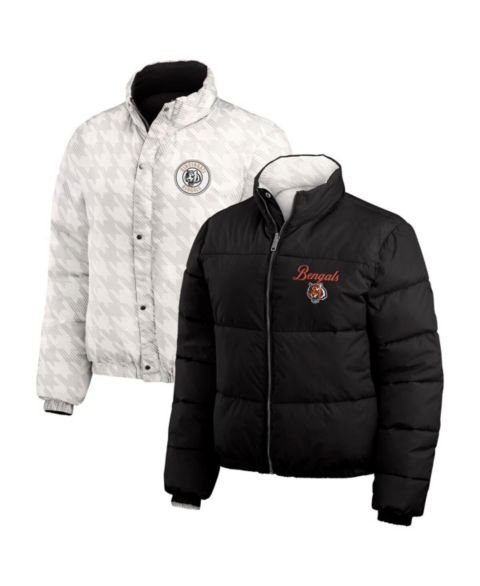 Женские куртки WEAR by Erin Andrews Women's Black, White Cincinnati Bengals Reversible Cropped Full-Zip Puffer Jacket