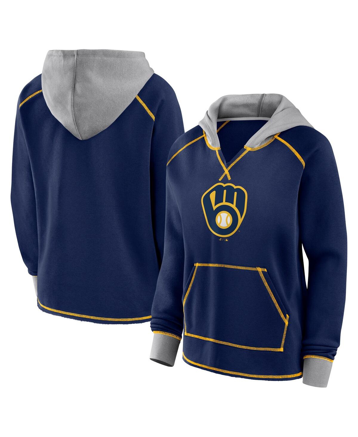 Fanatics Women's Navy Milwaukee Brewers Boom Fleece Pullover V-neck Hoodie In Navy,steel
