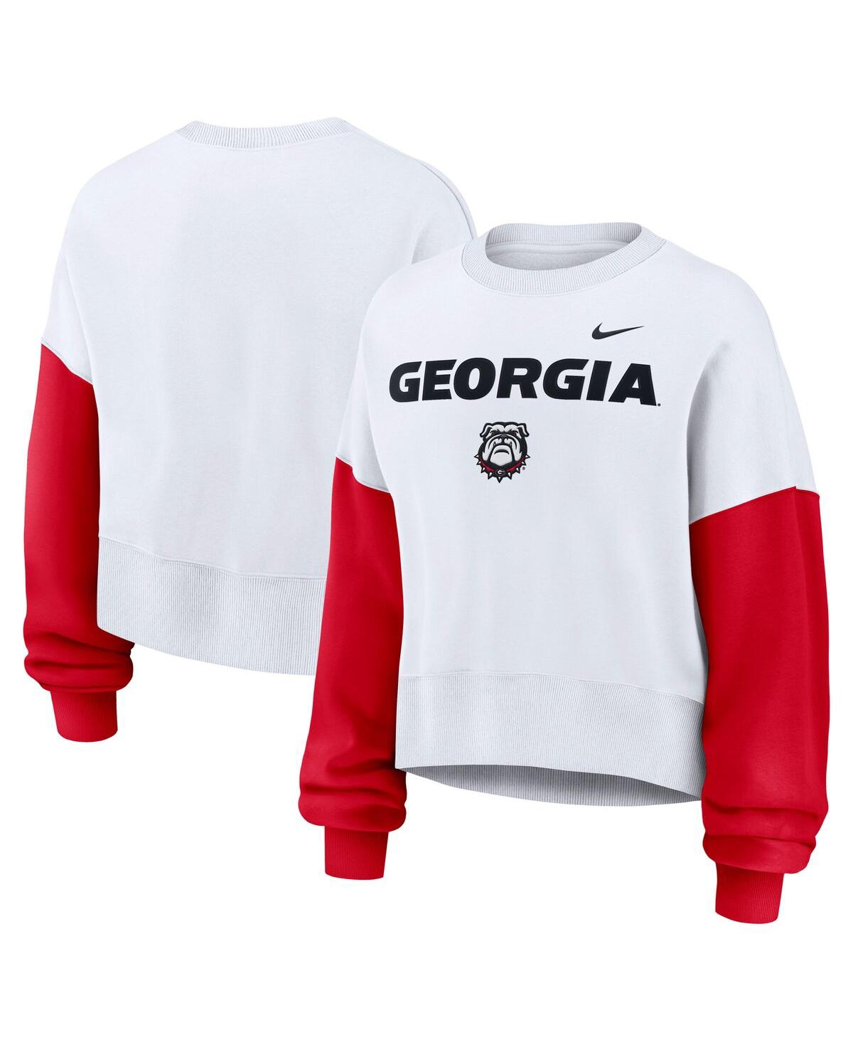 Nike Women's White Georgia Bulldogs Color-block Oversized Cropped Pullover Sweatshirt In White