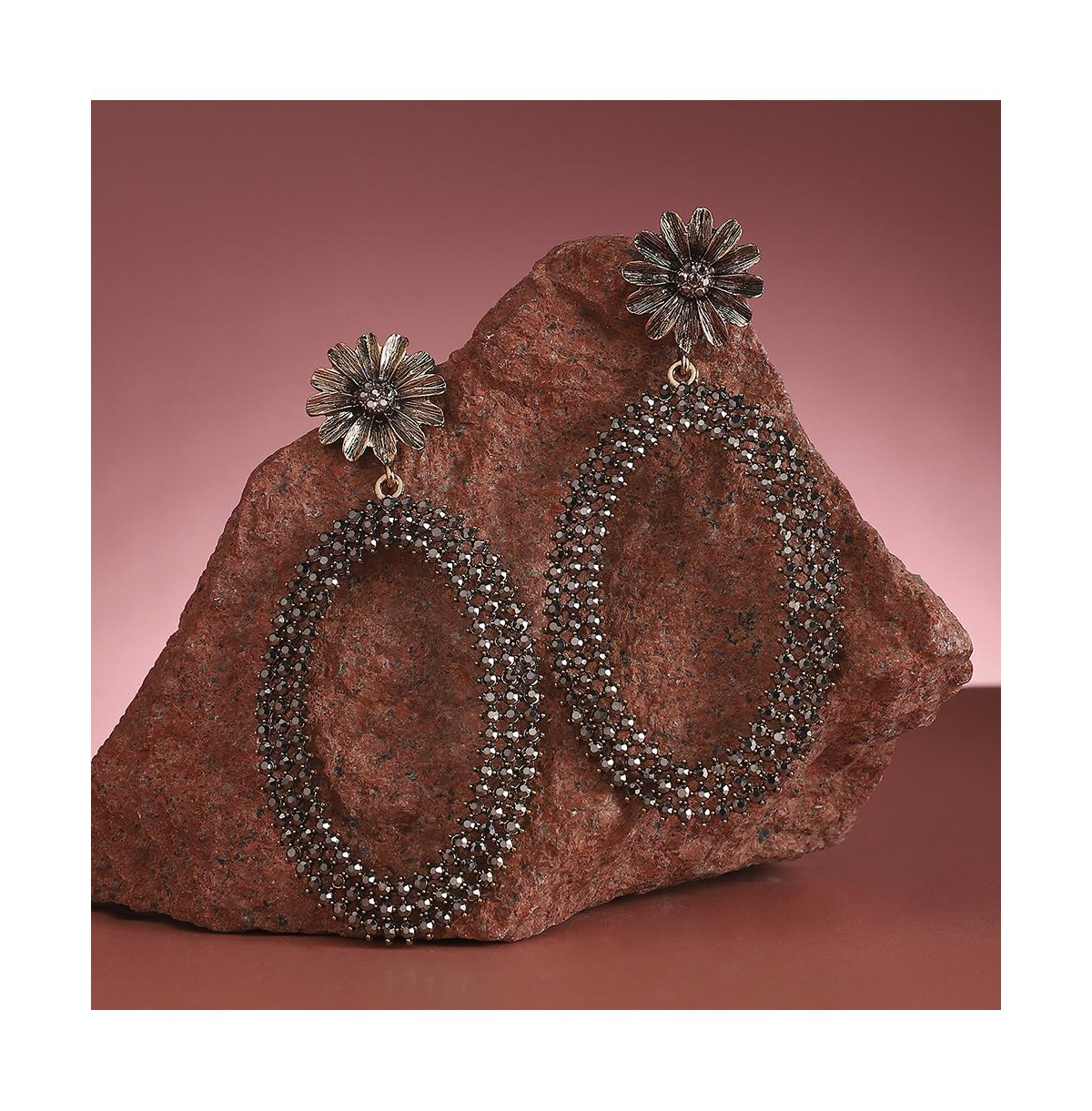 Sohi Maxi Daisy Intricate Oval Drop Earrings In Silver