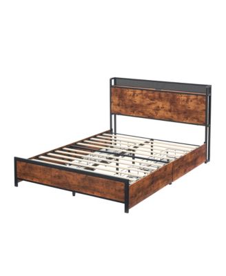 Full Size Bed Frame with LED Lights and USB Charging Ports Headboard, Storage Headboard and 4 Drawers