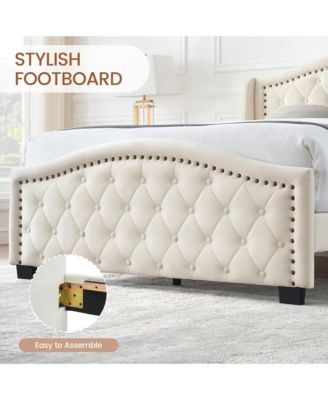 Queen Size Upholstered Platform Bed Frame with Tall Headboard 47.2"