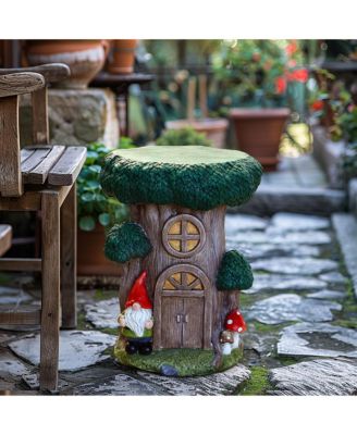 Outdoor Fairy House Side Table, 17'' Tree House Statue Concrete Accent End Table for Outdoor and Indoor, Plant Stand for Garden, Balcony