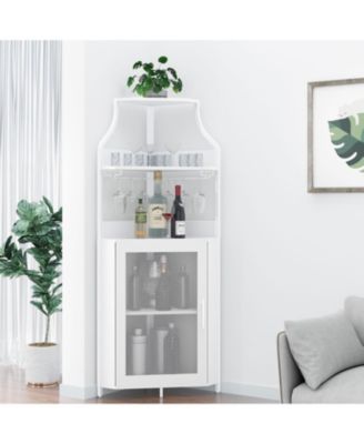 Corner Wine Bar Rack Cabinet with Detachable Wine Rack, Home Bar Cabinet with Barn Door and Adjustable Shelf, Wine Bar Cabinet and Buffet Cabinet with Mesh Door