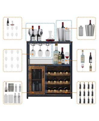 Wine Bar Cabinet with Detachable Wine Rack, Bar Rack Cabinet with Glass Holder and 1 Drawer, Mesh Door, Small Sideboard and Buffet Cabinet for Liquor and Glasses