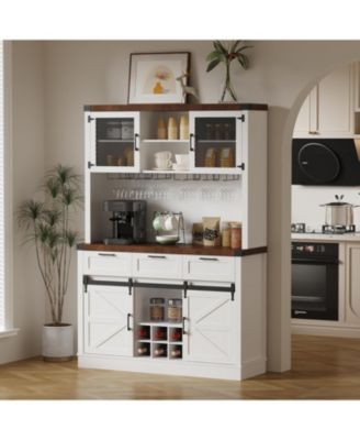 Modern Wine Bar Cabinets with Storage,68" Buffet Hutch Cabinet with Wine Glass Rack&Sliding Barn Door,Large Coffee Bar Sideboard Cabinet for Living Room/Farmhouse/Kitchen