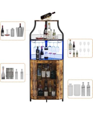 Corner Bar Cabinet - Wine Bar Cabinet with LED Strip and Glass Holder 5-Tiers Storage Space Corner Liquor Cabinet Industrial Wine Cabinet