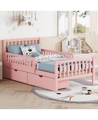 Wood Platform Bed with Guardrails on Both Sides and Two Storage Drawers