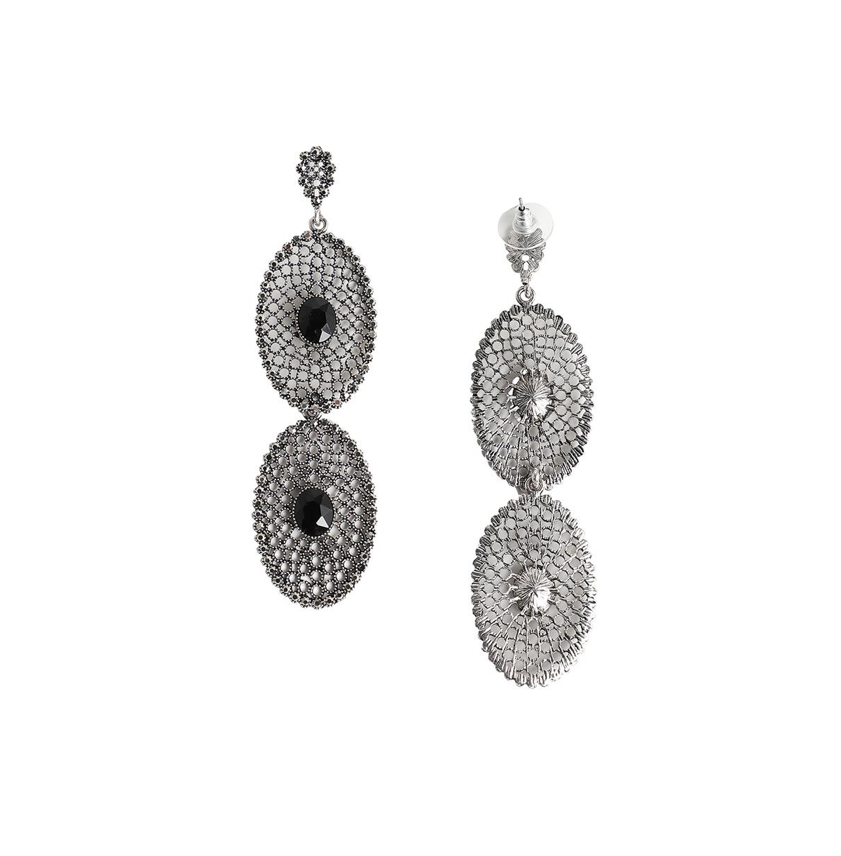 Sohi Intricate Stone Oval Long Drop Earrings In Black