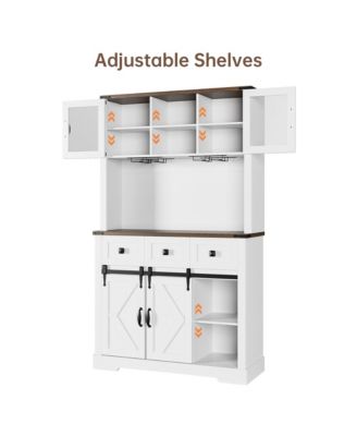 72" Farmhouse Bar Cabinet with Sliding Barn Door, Tall Kitchen Buffet with Storage Hutch and 3 Drawer, Rustic Coffee Wine Bar Sideboard with Wine & Glasses Rack, for Living Room