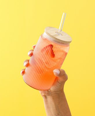 Fluted Glass Tumblers with Bamboo Lids and Straws, Set of 4