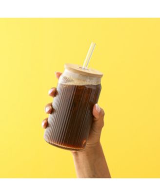 Fluted Glass Tumblers with Bamboo Lids and Straws, Set of 4