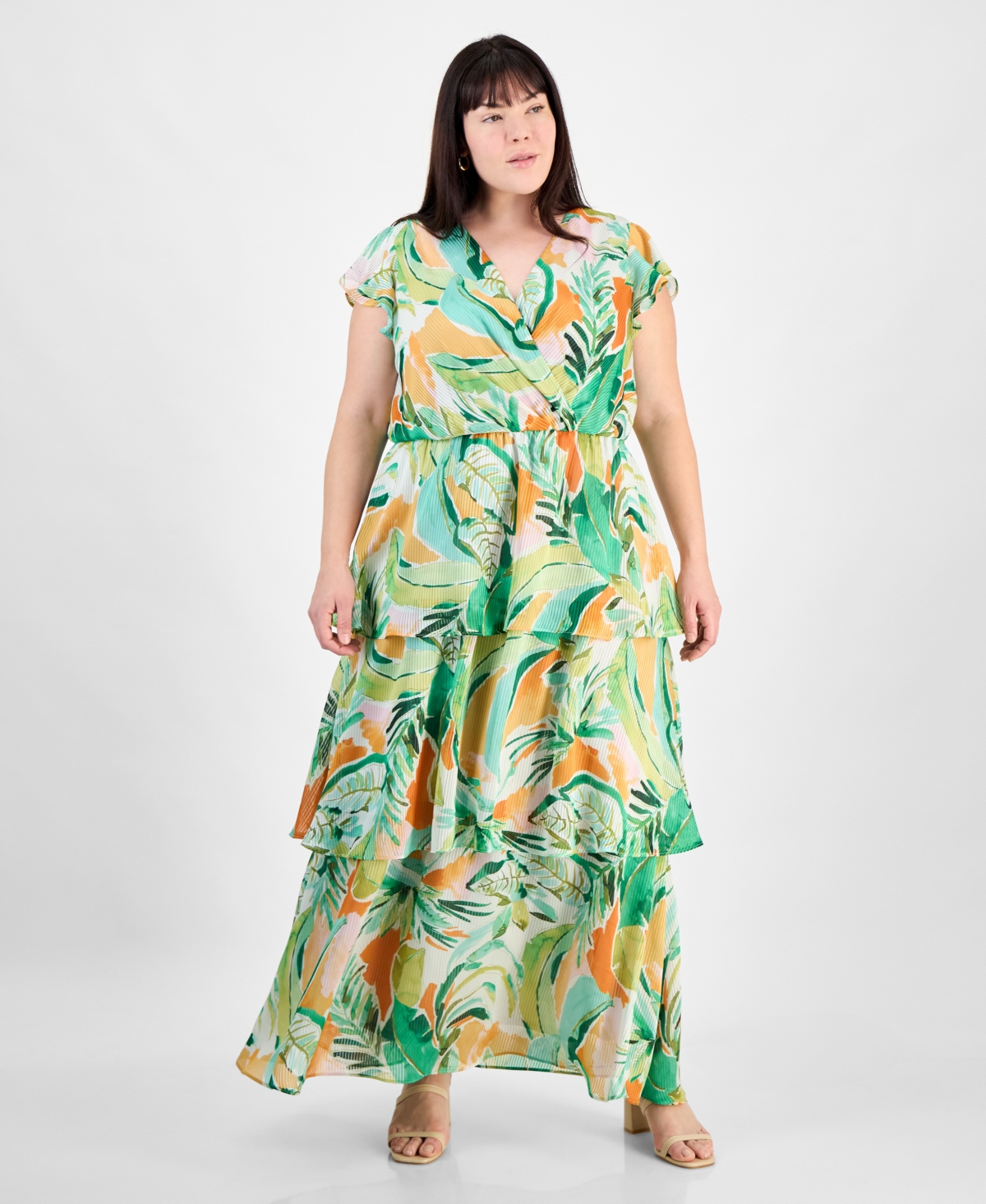 Plus Size Crinkled Floral-Print Tiered Maxi Dress - Green Multi
