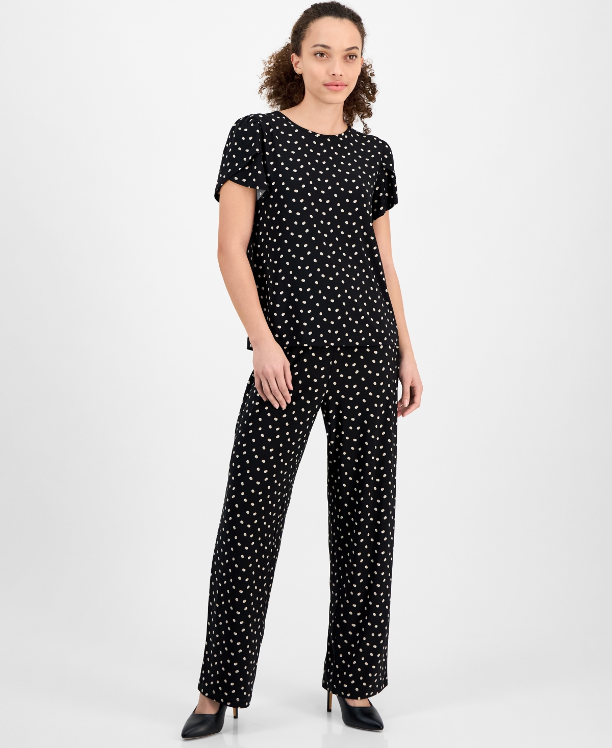 Ak Anne Klein Petite Dot-print Tulip-sleeve Top In Anne Black Multi