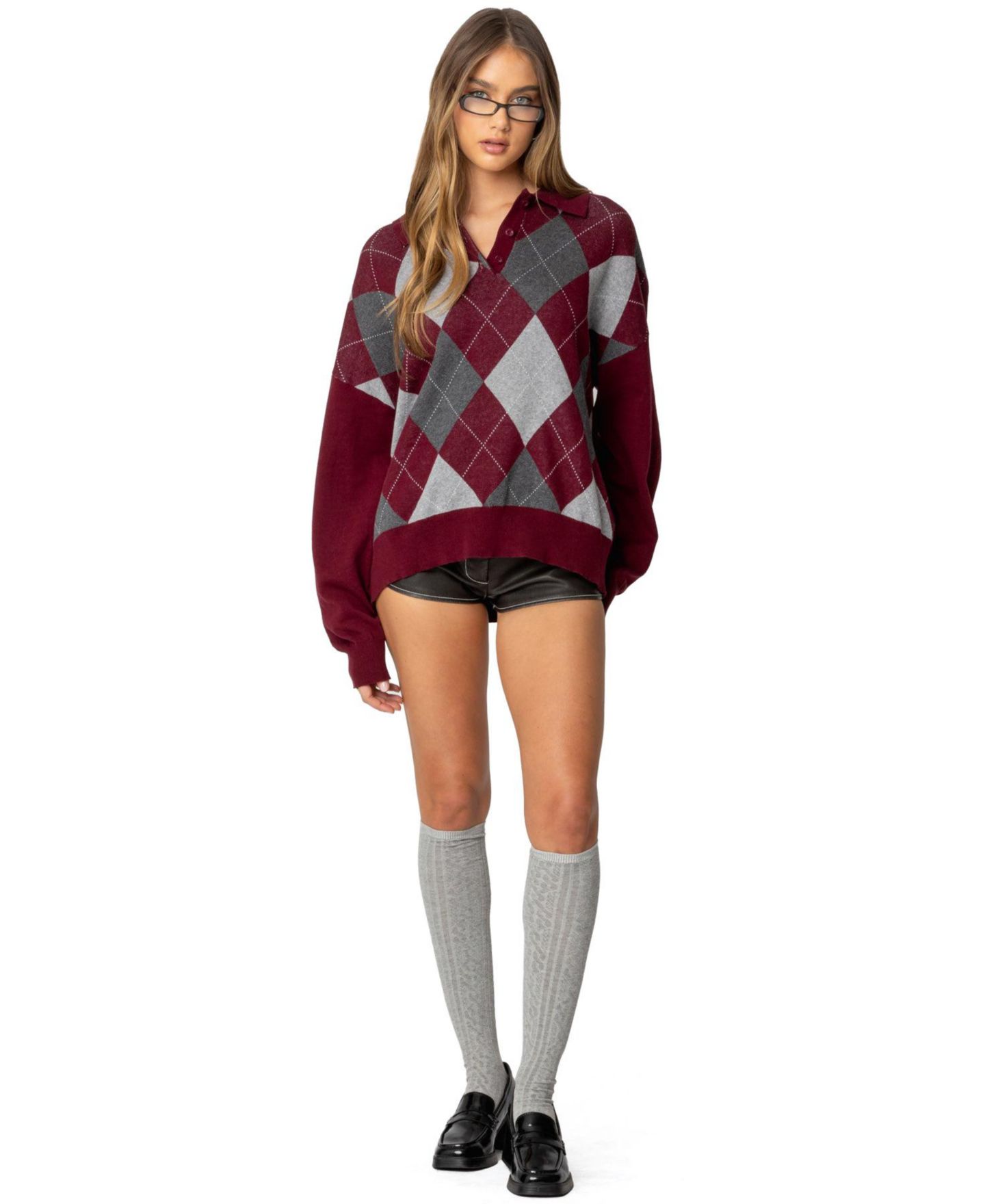 Женский свитер Edikted Argyle Oversized Polo Sweater, цвет: Бордовый — фото 4
