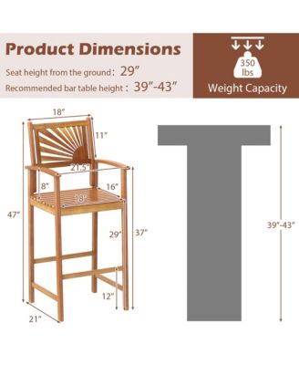 Set of 2 Outdoor Acacia Wood Bar Stools Bar Height Patio Chairs w/ Backrests