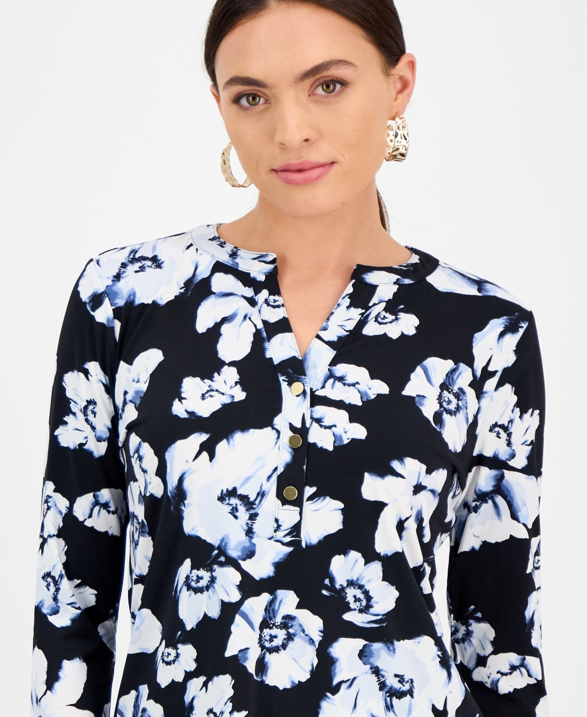 Inc International Concepts Petite Floral Button-placket Top, Exclusively At Macy's
