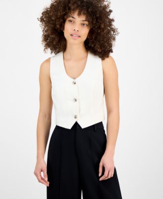 Bar III - Petite V-Neck Button-Front Cropped Vest