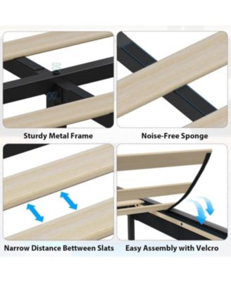 Queen Size Floating Bed Frame with LED Lights, Upholstered Platform Bed Frame with Charging Station & Storage Headboard, No Box Spring Needed